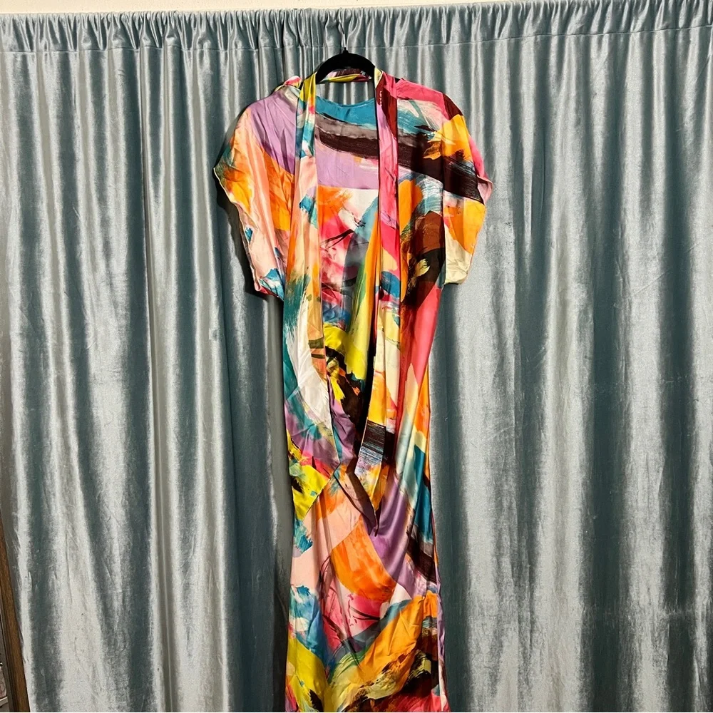 Abstract Watercolor Cowl-Neck Midi Dress - Multicolor - Picture 6 of 6